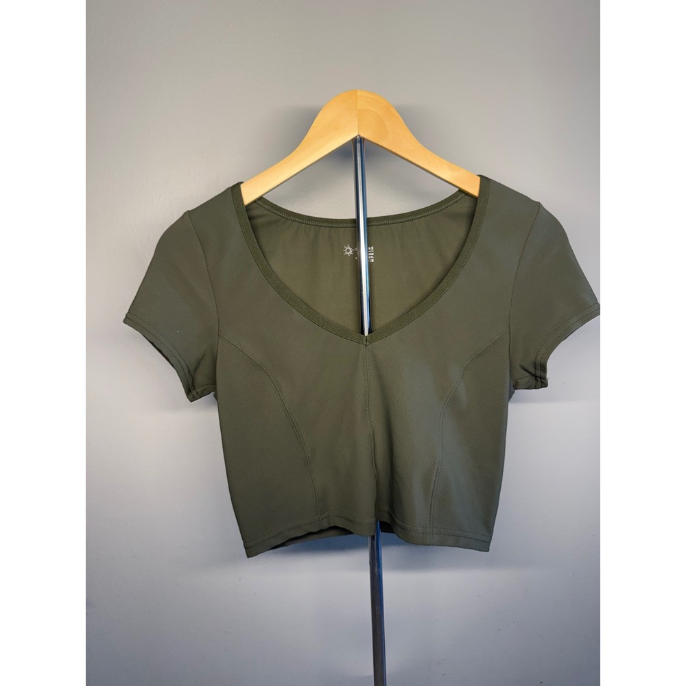 OFFLINE by Aerie Real Good Ribbed V-Neck Crop Top Olive Green Medium